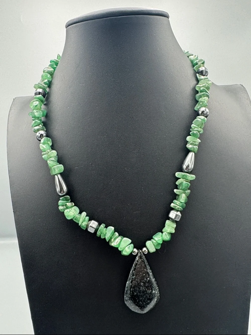 Green Gemstone Chip Necklace with Teardrop Pendant